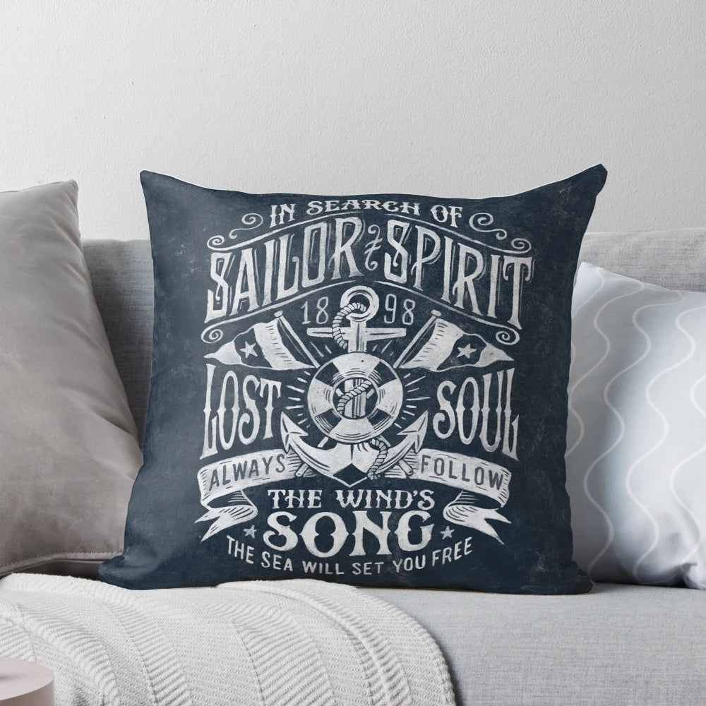 Vintage-inspired nautical "Sailor Spirit" decorative throw pillow with hand-drawn design
