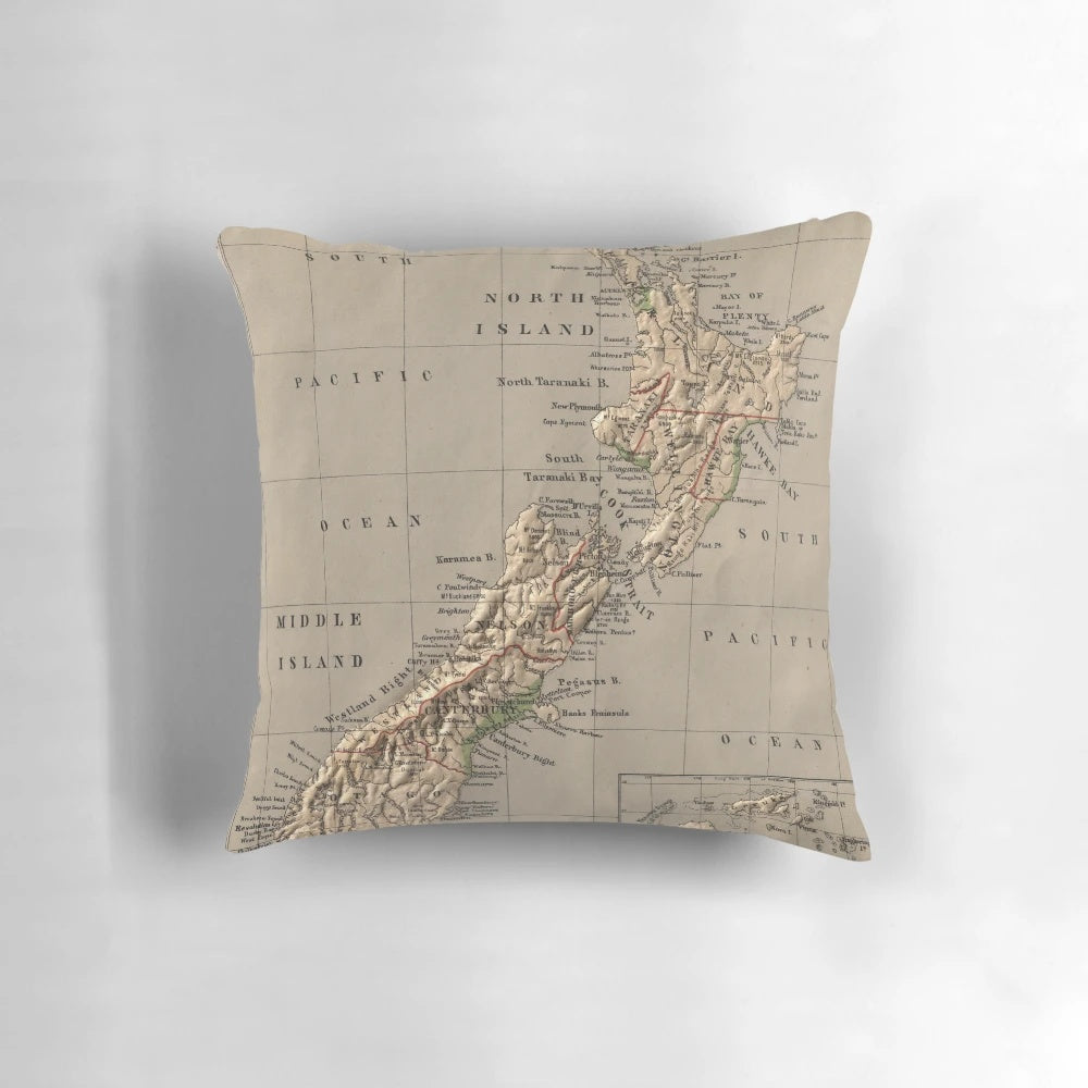 Vintage New Zealand Physical Map (1880) Pillow featuring a historical cartograph of the country