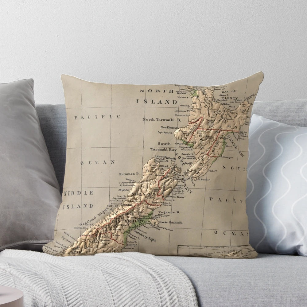Vintage New Zealand Physical Map (1880) Pillow featuring a historical cartograph of the country