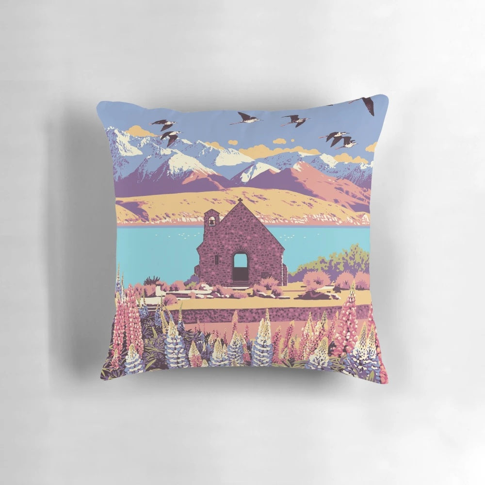 Vintage-inspired pillow featuring the iconic Church of the Good Shepherd in Tekapo, New Zealand
