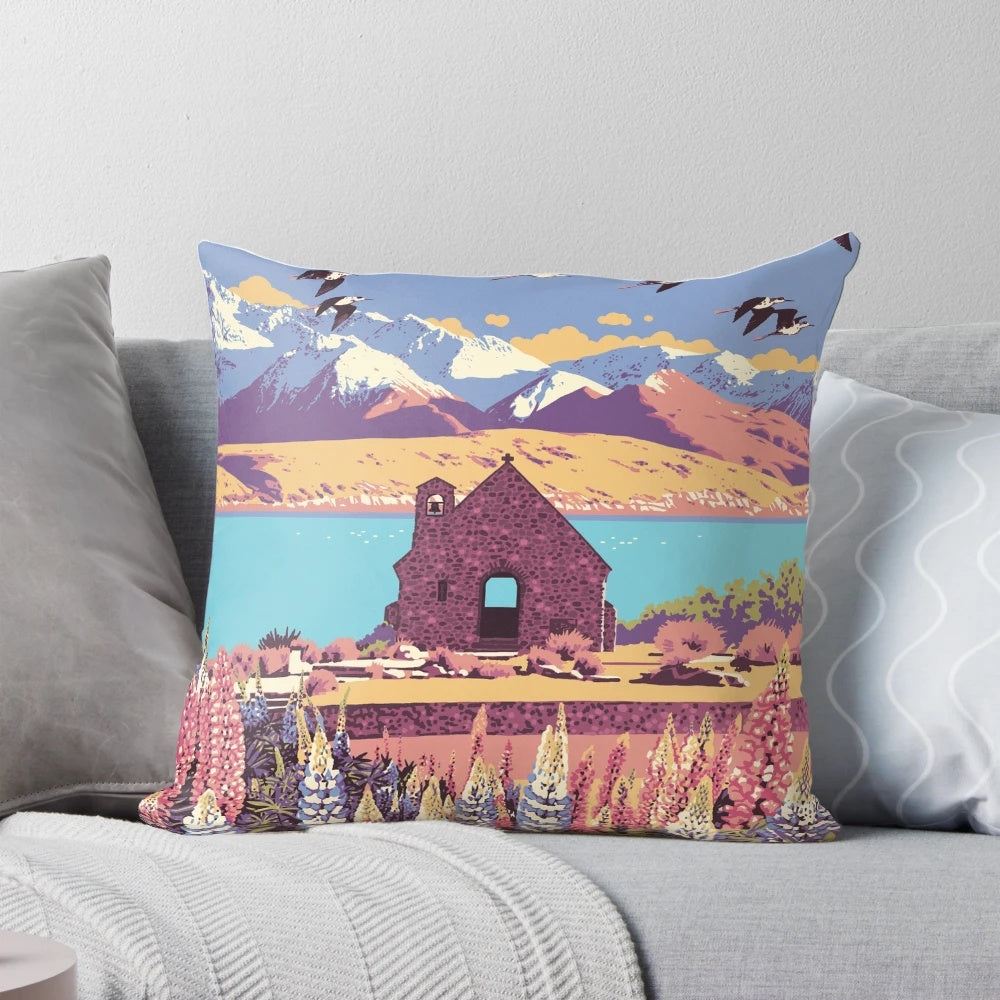 Vintage-inspired pillow featuring the iconic Church of the Good Shepherd in Tekapo, New Zealand
