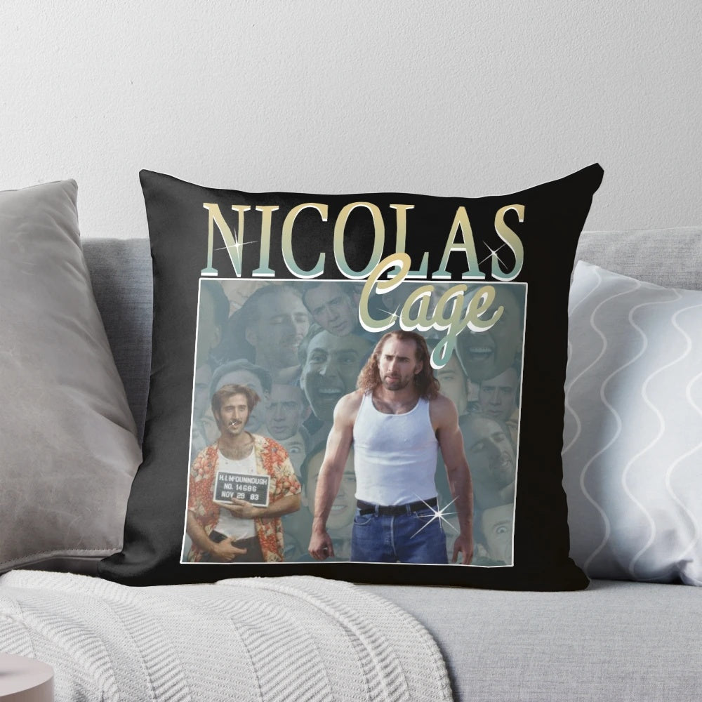 Vintage-style graphic of Nicolas Cage's face on a plush pillow