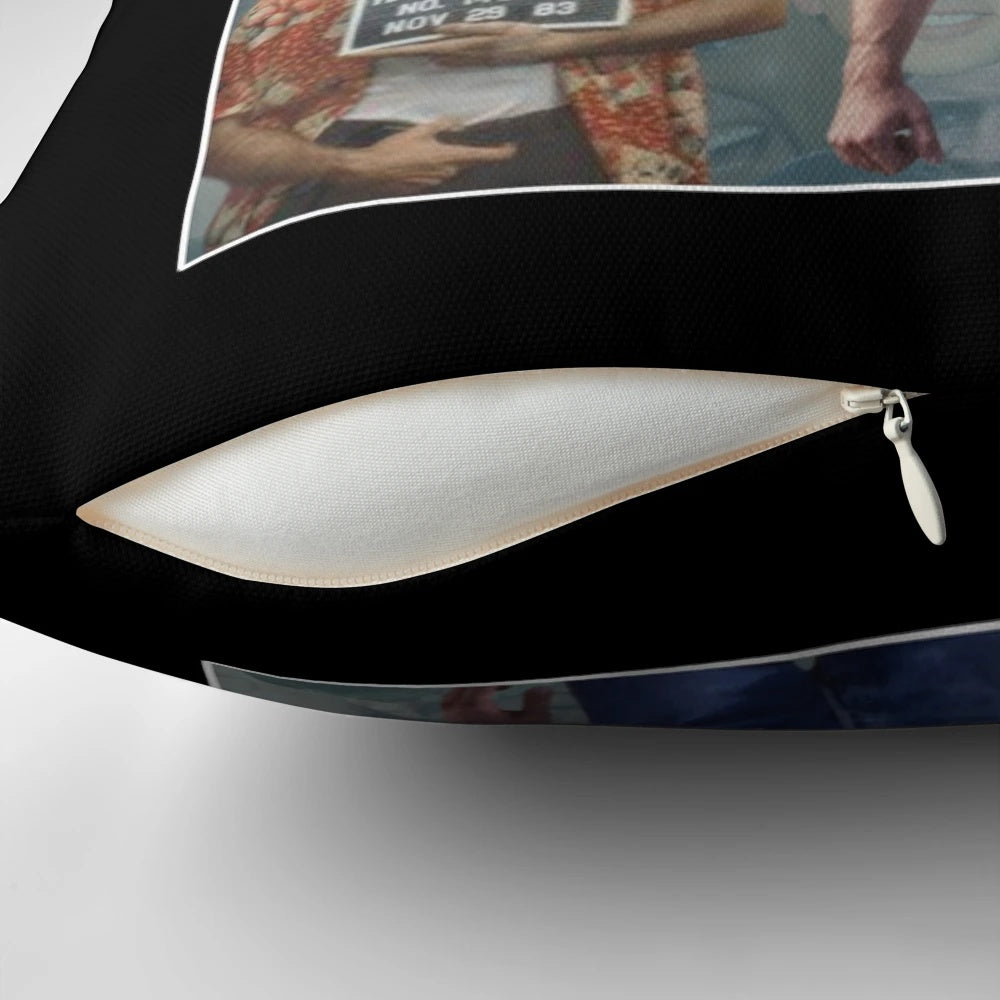 Vintage-style graphic of Nicolas Cage's face on a plush pillow