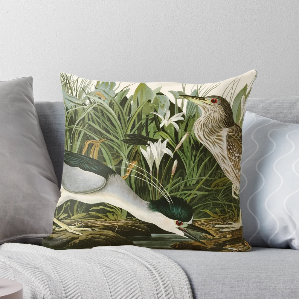 A vintage-inspired pillow featuring the Night Heron illustration from John James Audubon's "Birds of America" book.