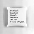 Vintage-inspired throw pillow featuring iconic Northport, New York pubs