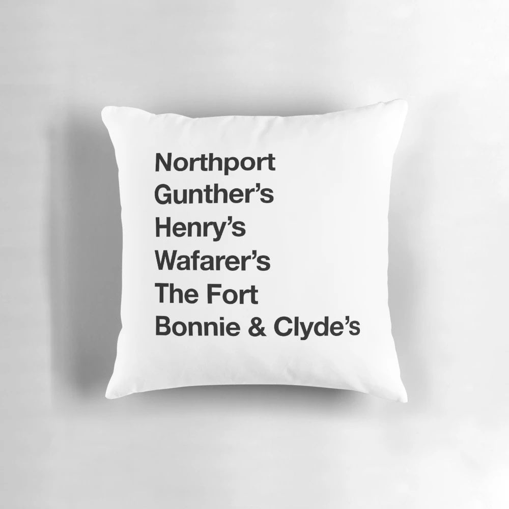 Vintage-inspired throw pillow featuring iconic Northport, New York pubs