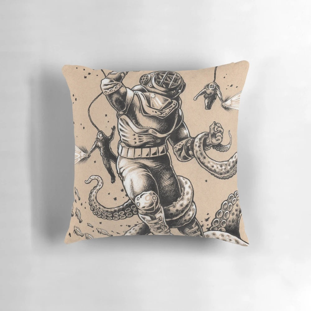 Vintage-style Danger Dive Pillow with an octopus and diver design, perfect for adding a touch of fantasy and nautical charm to any space.