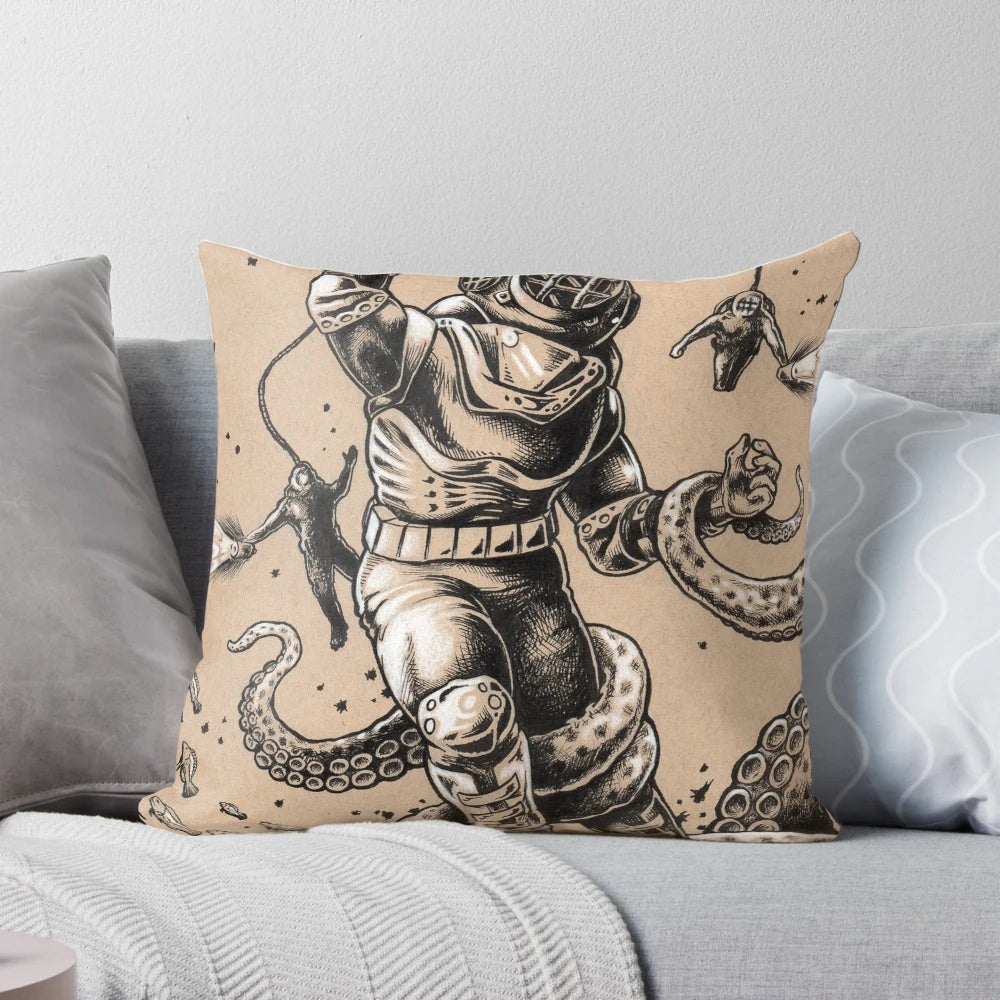 Vintage-style Danger Dive Pillow with an octopus and diver design, perfect for adding a touch of fantasy and nautical charm to any space.