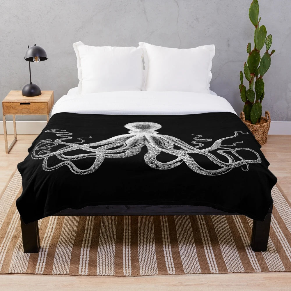 Vintage octopus plush blanket with sea creatures and nautical design