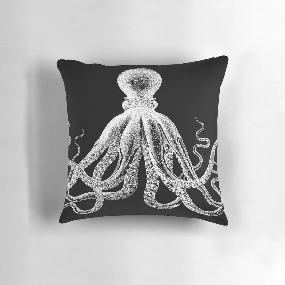 Vintage black and white illustration of an octopus with long tentacles, perfect for nautical and ocean-themed home decor.