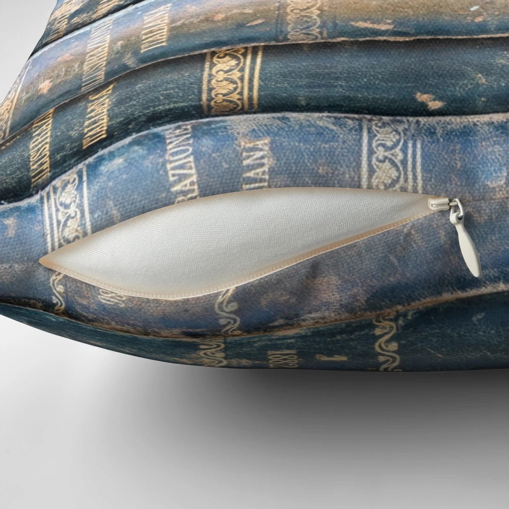 Vintage old books pillow with a rustic antique book spine design in shades of blue and gold