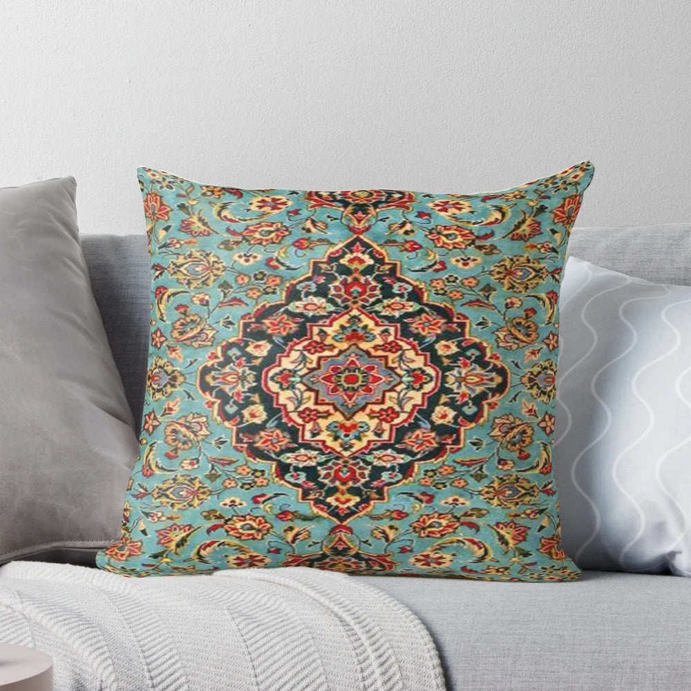 Vintage-inspired blue and red geometric pattern pillow inspired by traditional oriental rugs