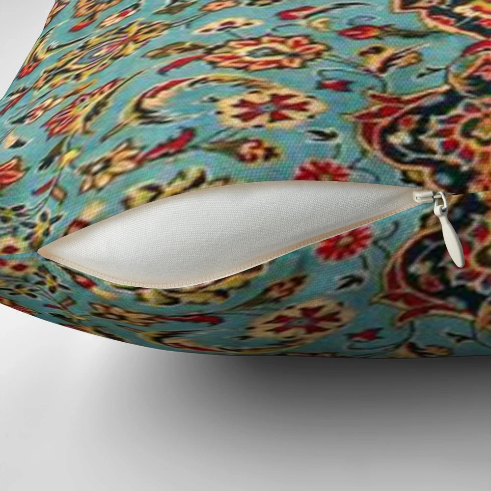 Vintage-inspired blue and red geometric pattern pillow inspired by traditional oriental rugs