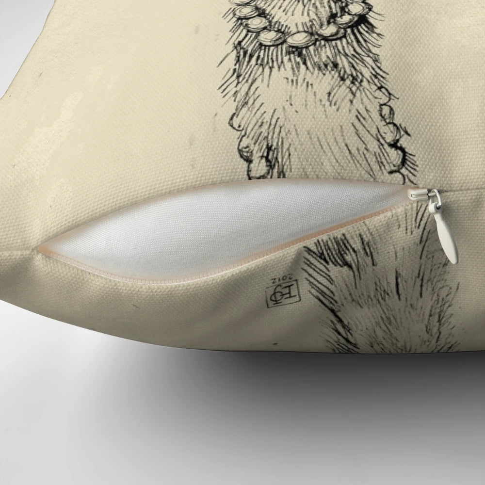 Illustration of a vintage-style ostrich couple on a decorative pillow
