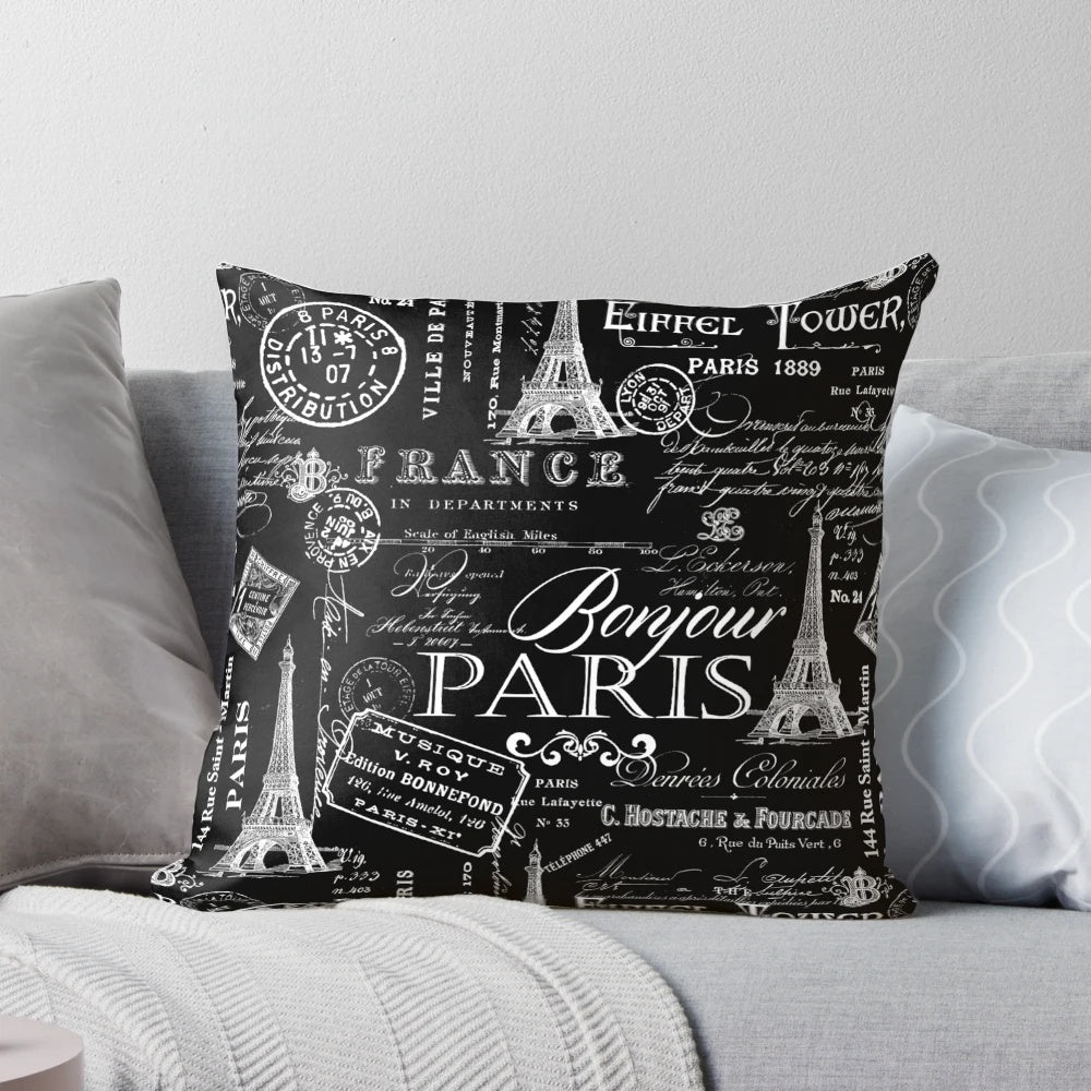 Vintage Paris French lifestyle Eiffel Tower black and white pattern decorative pillow