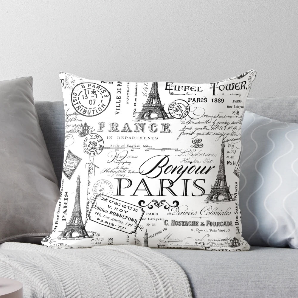 Vintage Paris black and white throw pillow with nostalgic pattern, featuring the Eiffel Tower and French calligraphy