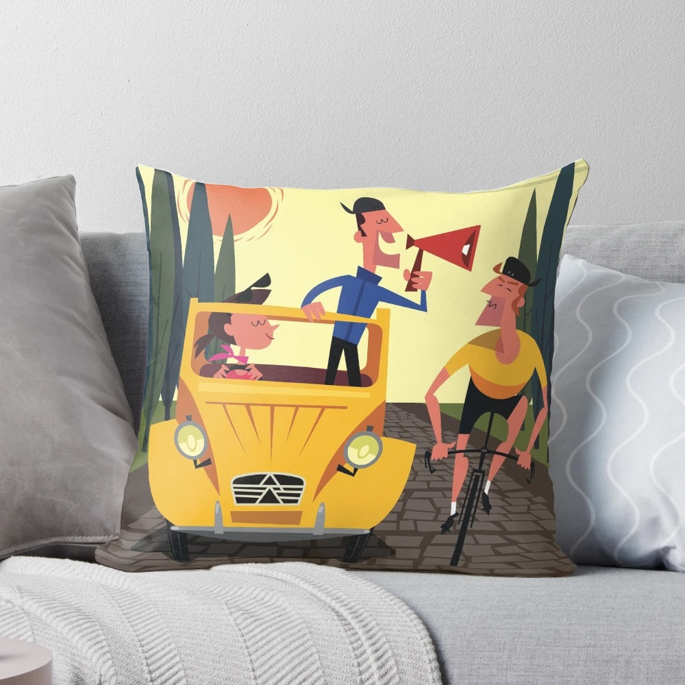 Vintage illustration of the Paris-Roubaix cycling race, printed on a comfortable throw pillow.