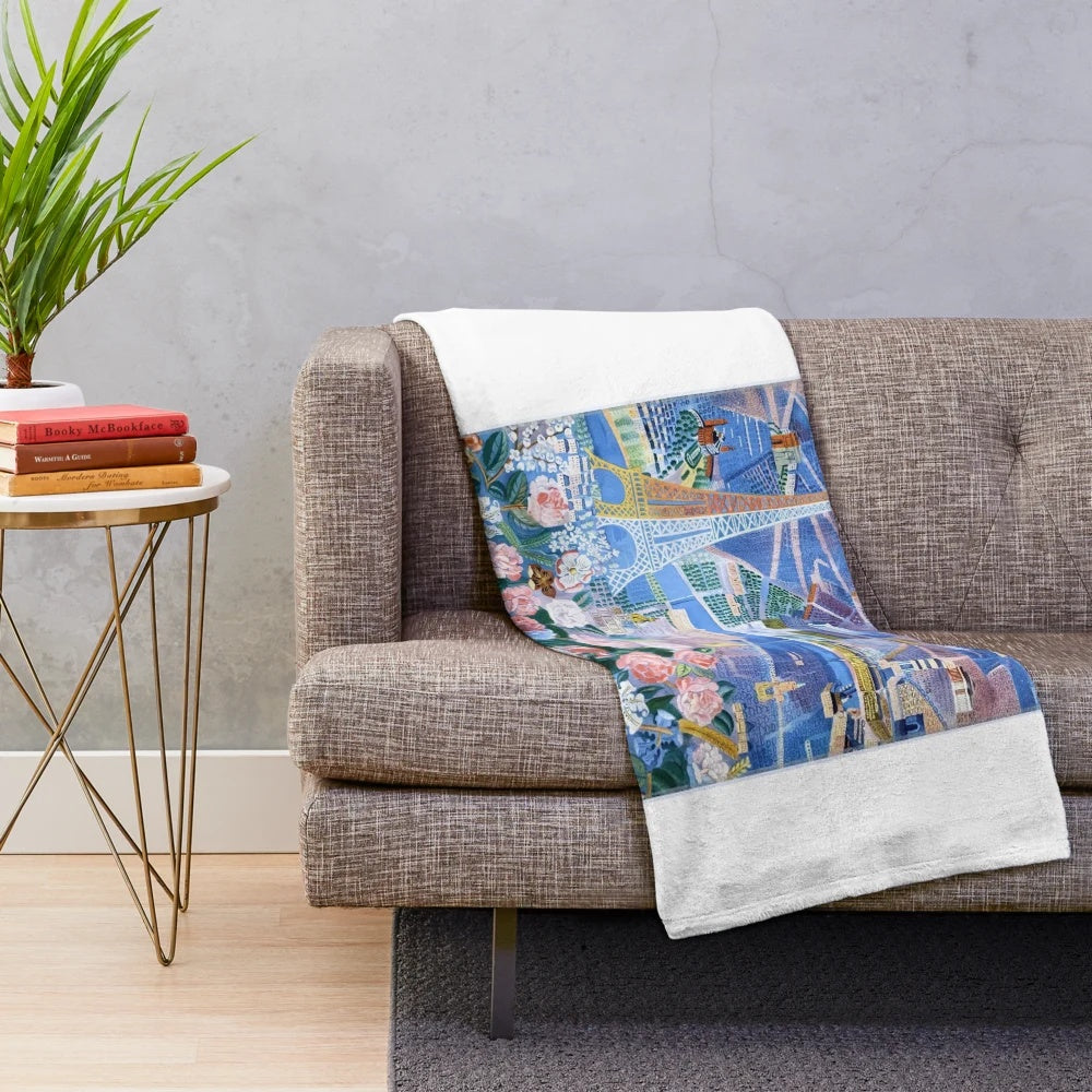 Vintage Paris Travel Poster Plush Blanket featuring Raoul Dufy's "Le Printemps en France" artwork