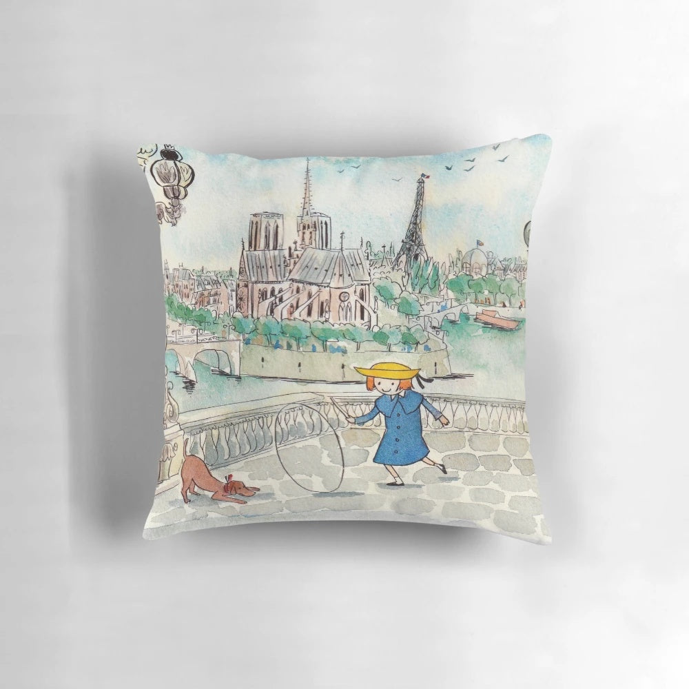Vintage-style watercolor painting of the Notre Dame Cathedral and Eiffel Tower in Paris, printed on a decorative throw pillow.