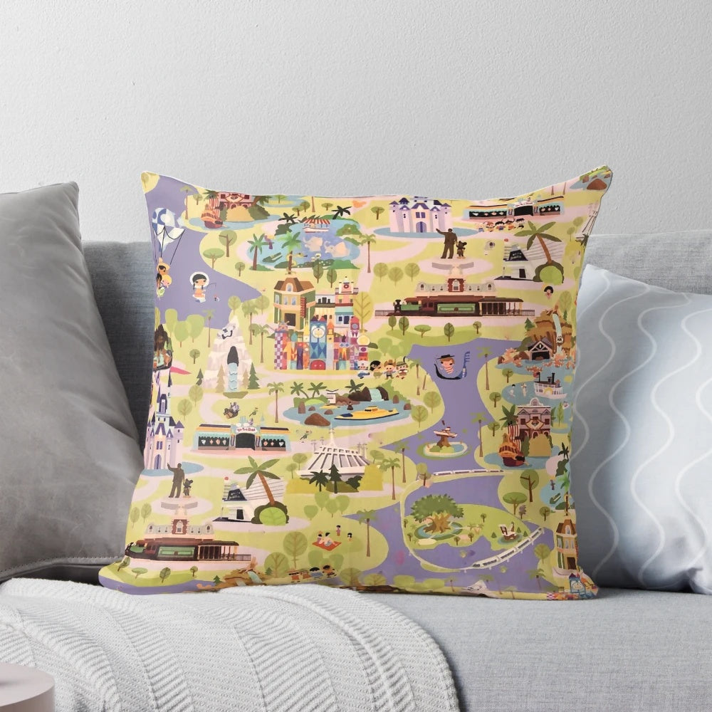 Vintage-style throw pillow with a retro Disneyland park map design