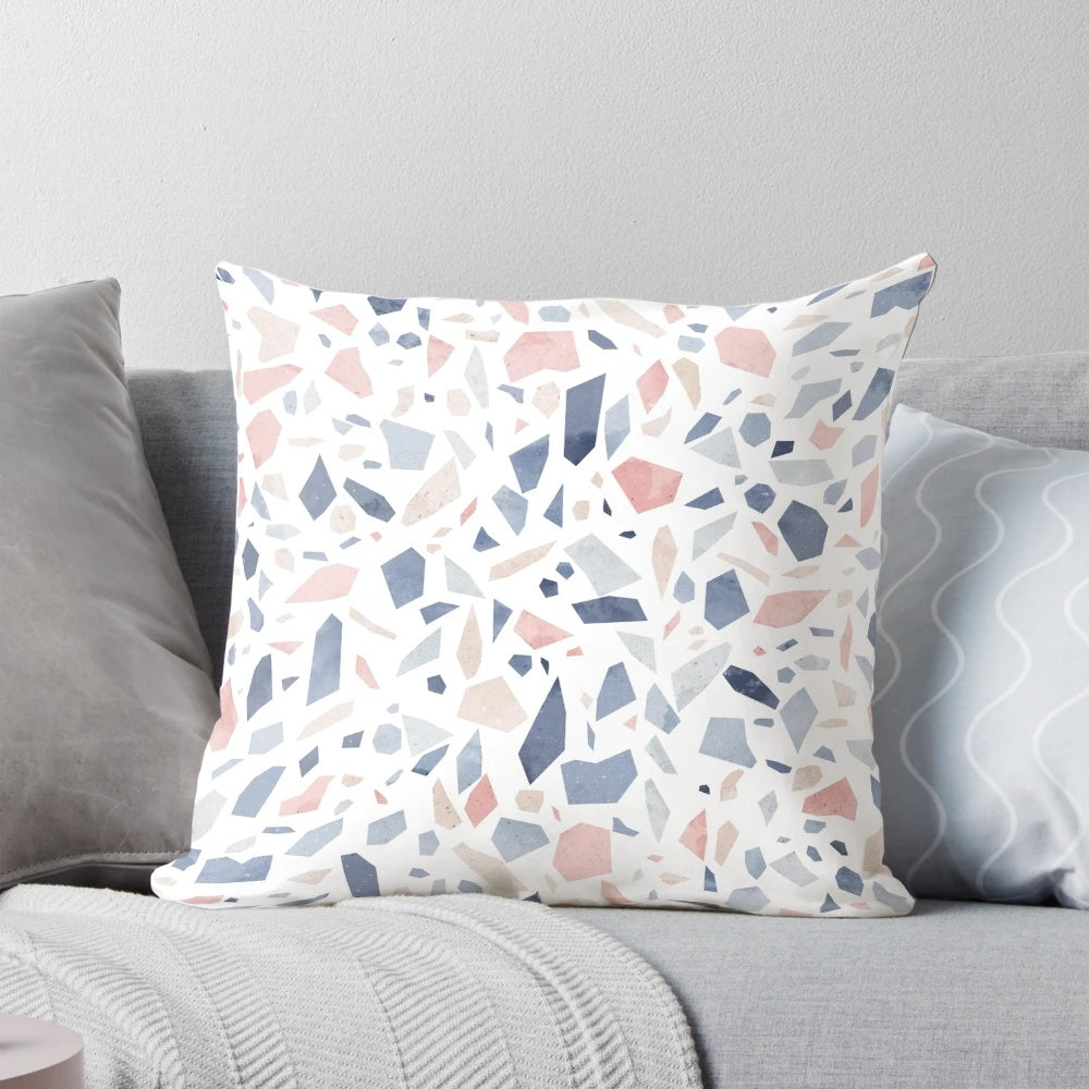 Vintage pastel blue, pink, and beige geometric terrazzo pattern pillow