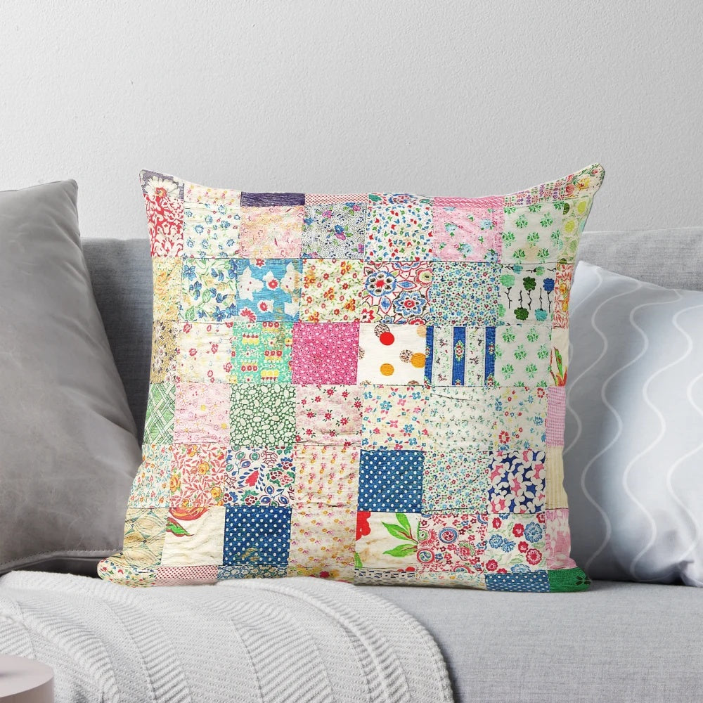 Vintage patchwork quilt design pillow with a soft, comfortable texture for adding warmth and character to a bedroom or living room.