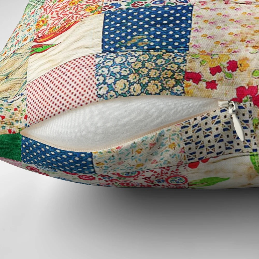 Vintage patchwork quilt design pillow with a soft, comfortable texture for adding warmth and character to a bedroom or living room.