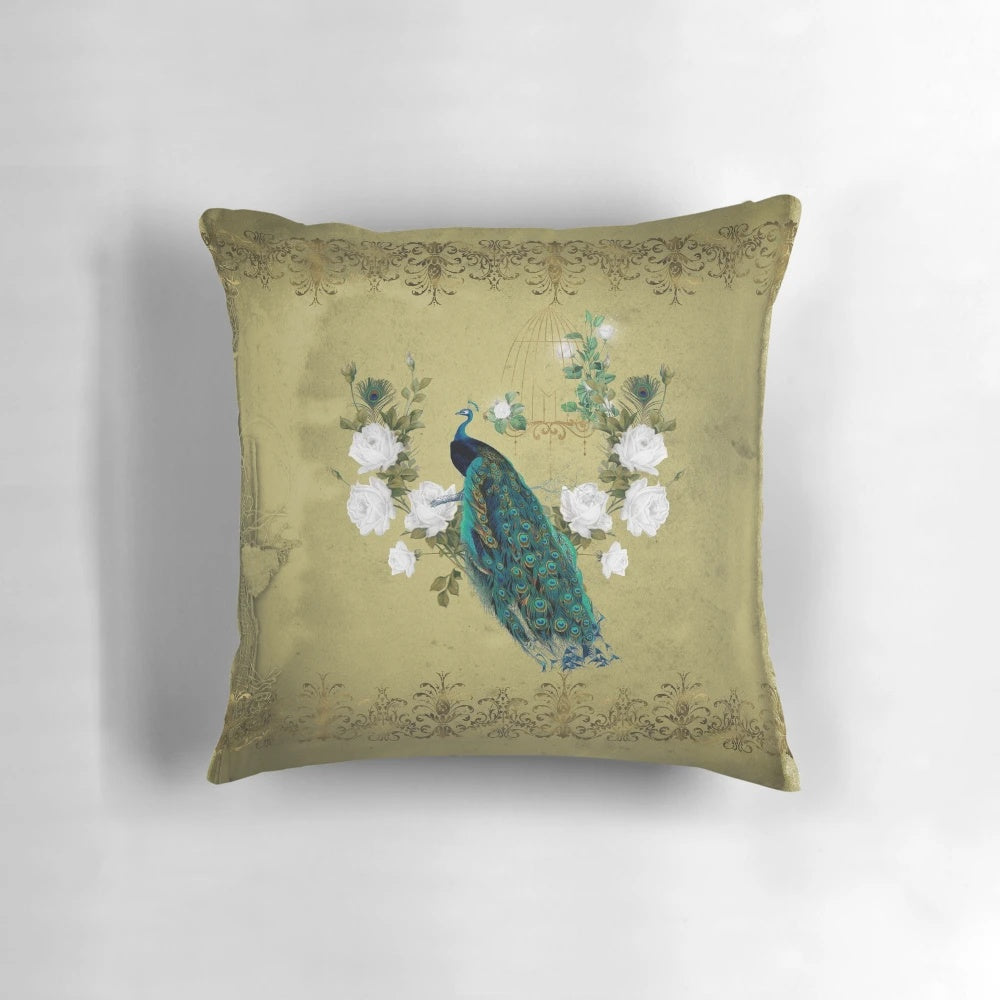 Vintage-inspired peacock feather decorative throw pillow with vibrant plumage