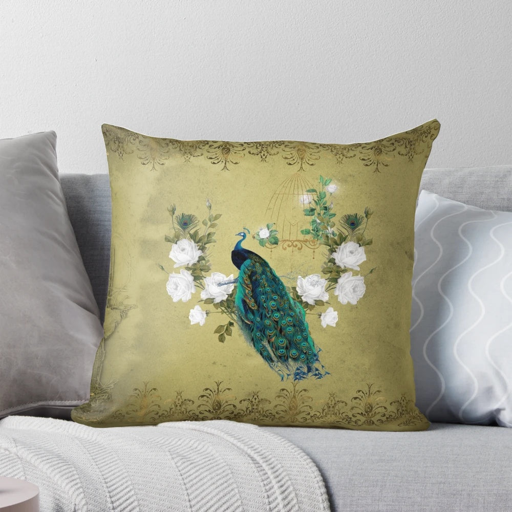 Vintage-inspired peacock feather decorative throw pillow with vibrant plumage