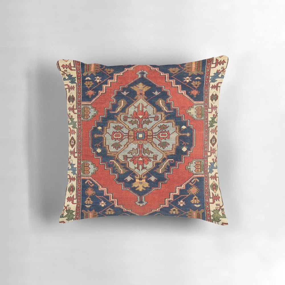 Antique-style Persian rug print pillow with a bold, ethnic design
