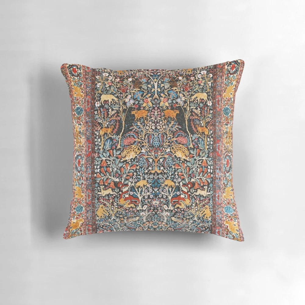 Vintage Persian-style rug print decorative pillow with colorful floral and animal motifs