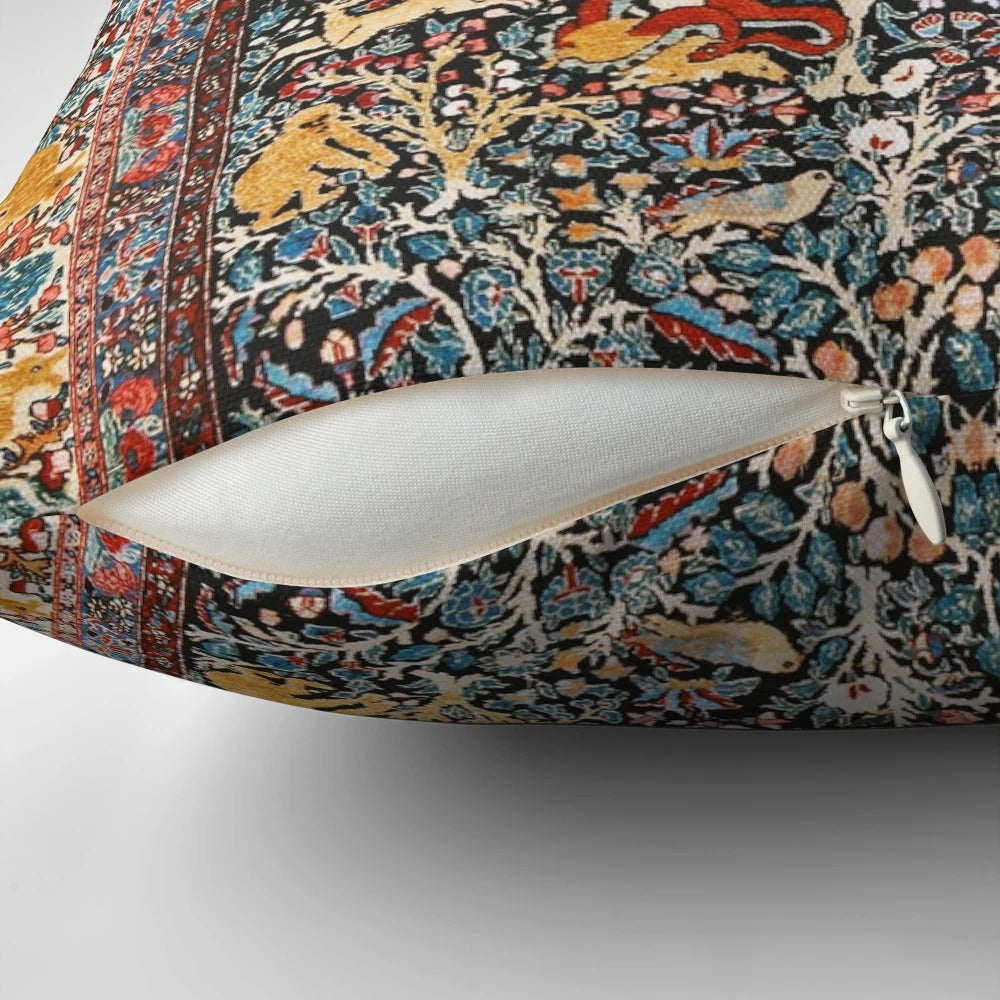 Vintage Persian-style rug print decorative pillow with colorful floral and animal motifs