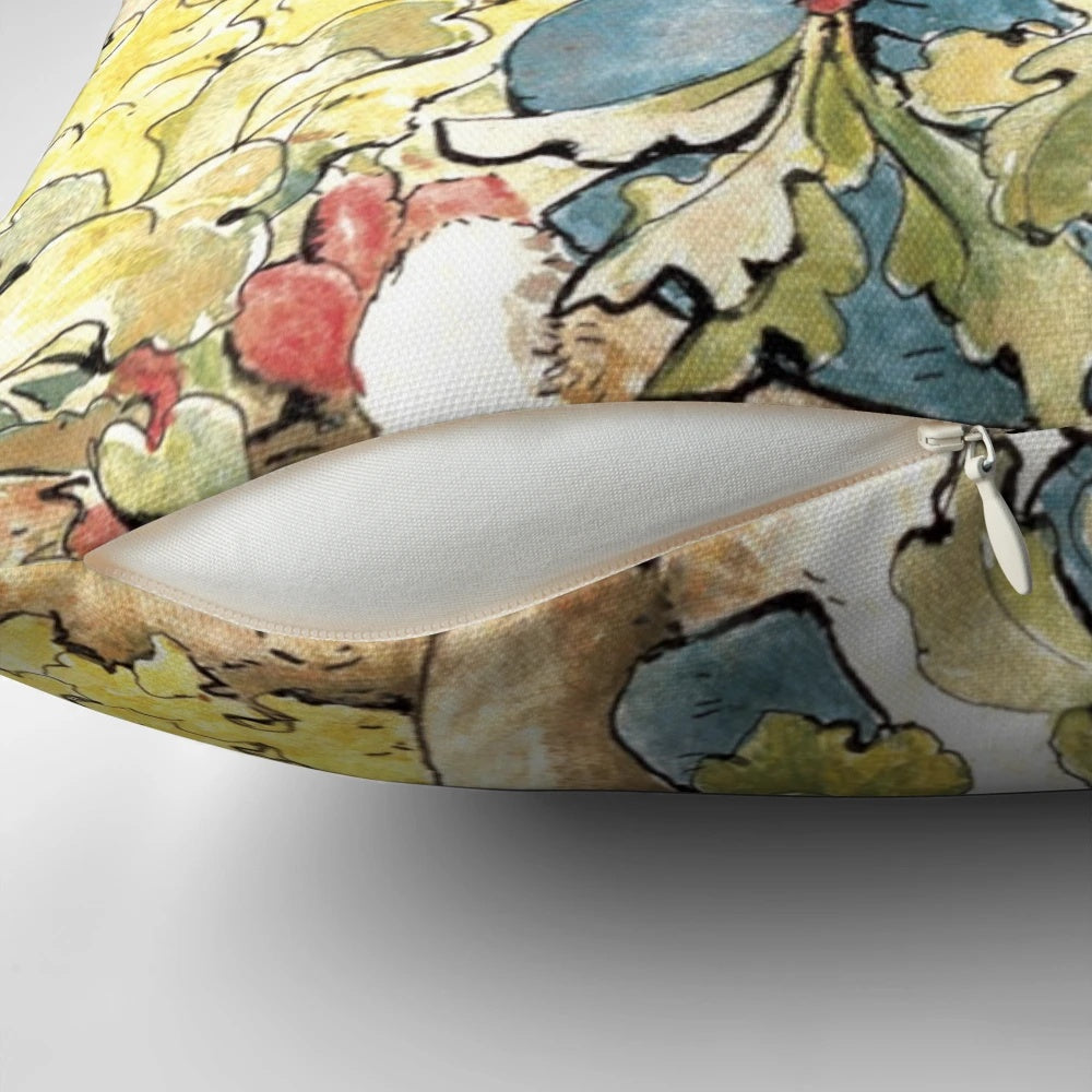 Vintage-style Peter Rabbit pillow with garden elements, designed by Beatrix Potter.