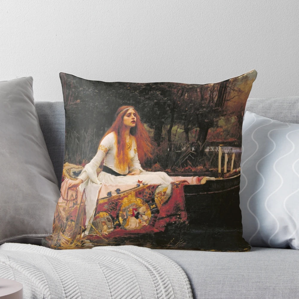 Vintage pillow with a painting of the Lady of Shalott by the famous European artist John William Waterhouse