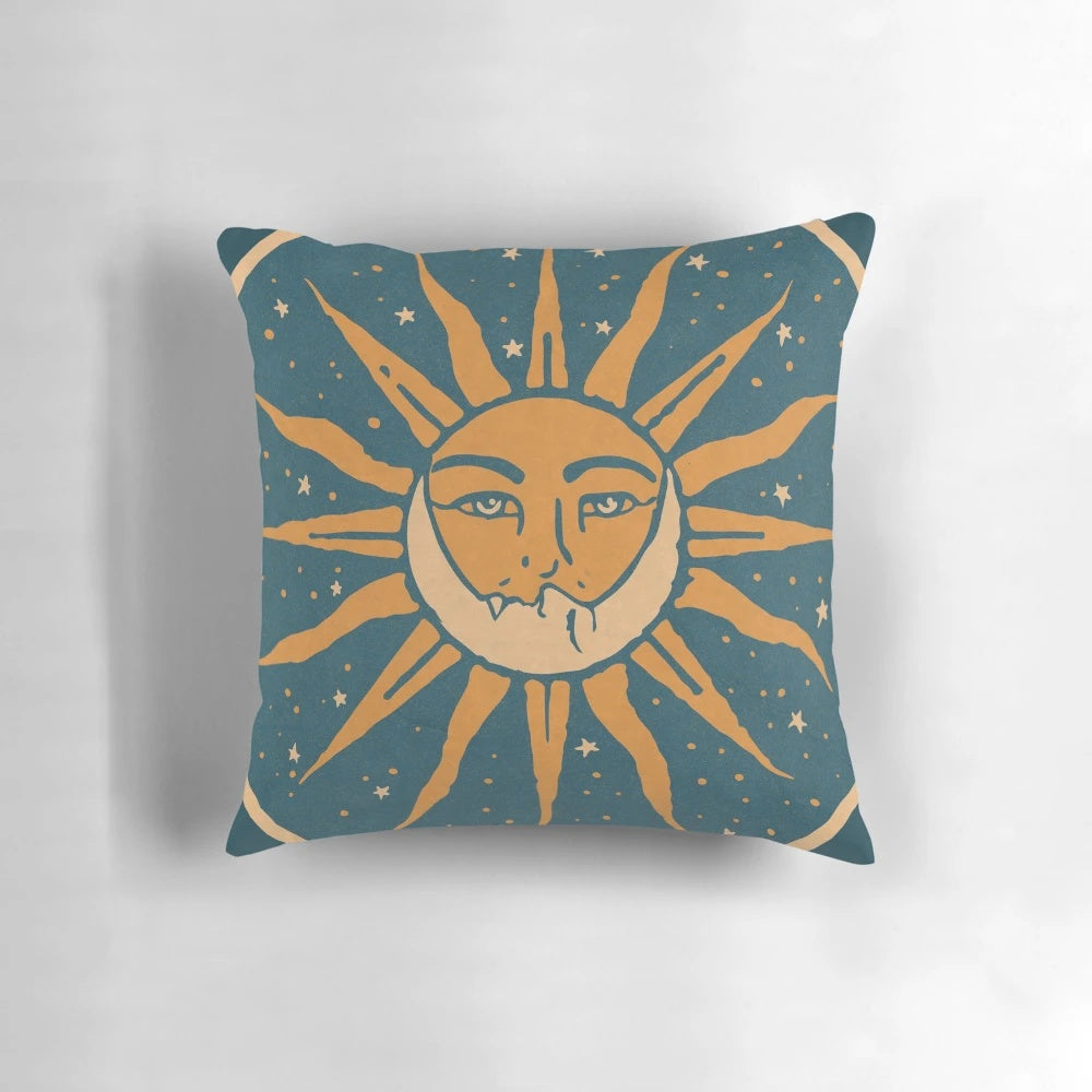 Vintage-style pillow with a sun and moon design, perfect for adding a touch of romance to your home.
