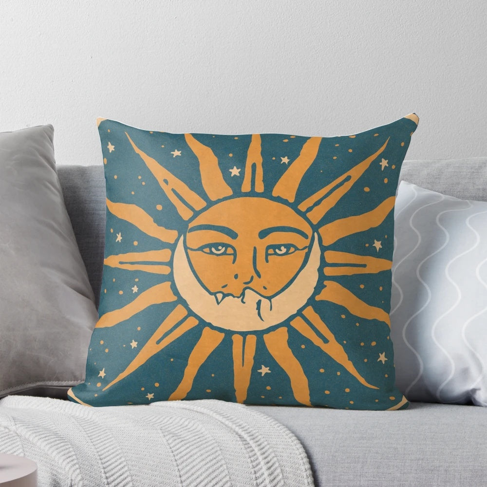 Vintage-style pillow with a sun and moon design, perfect for adding a touch of romance to your home.