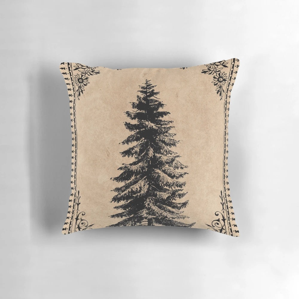 Vintage-inspired pine tree pillow for winter and holiday home accents