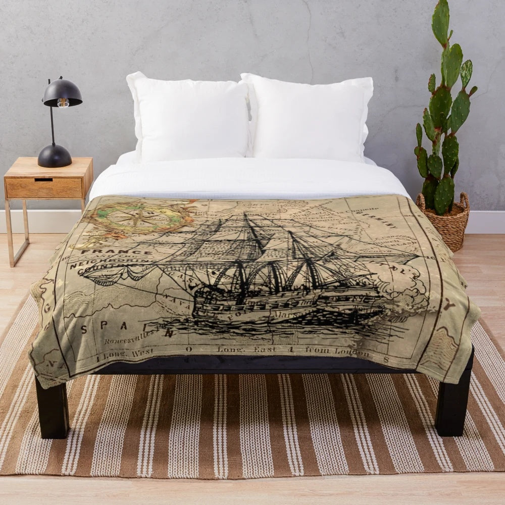 Vintage pirate ship plush blanket with antique world map design