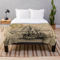Vintage pirate ship plush blanket with antique world map design