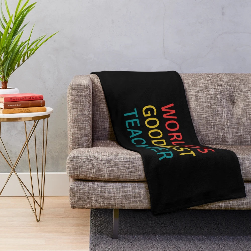 Vintage-style plush blanket with "World's Goodest Teacher" text design