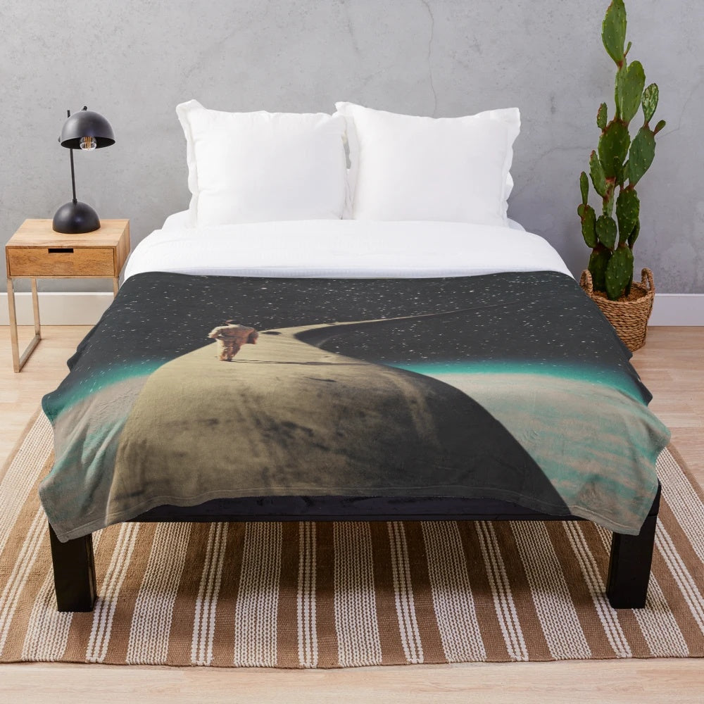 Vintage plush blanket featuring a surreal collage design of a lone wanderer on a cosmic journey