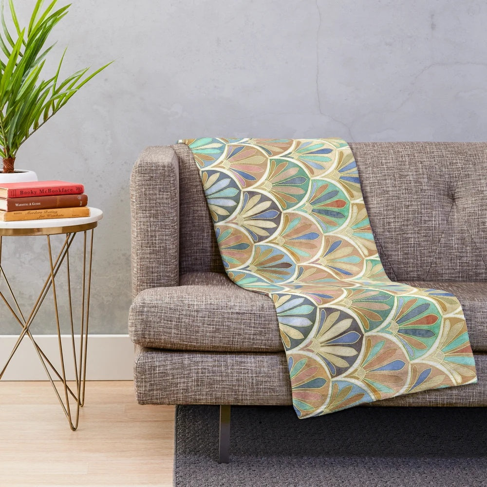 Vintage plush blanket with art deco neutral pattern design