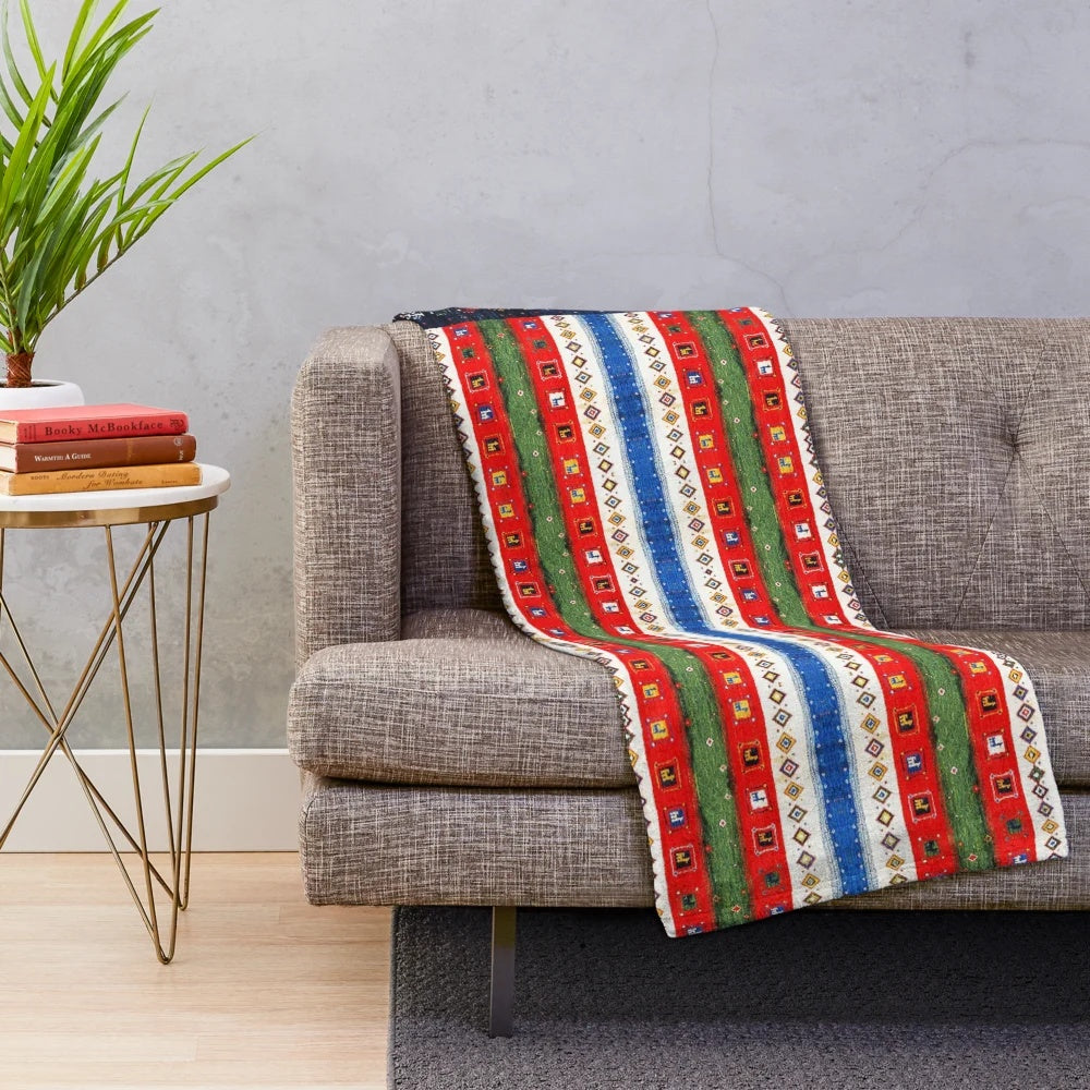 Vintage plush blanket with bohemian Moroccan inspired artwork