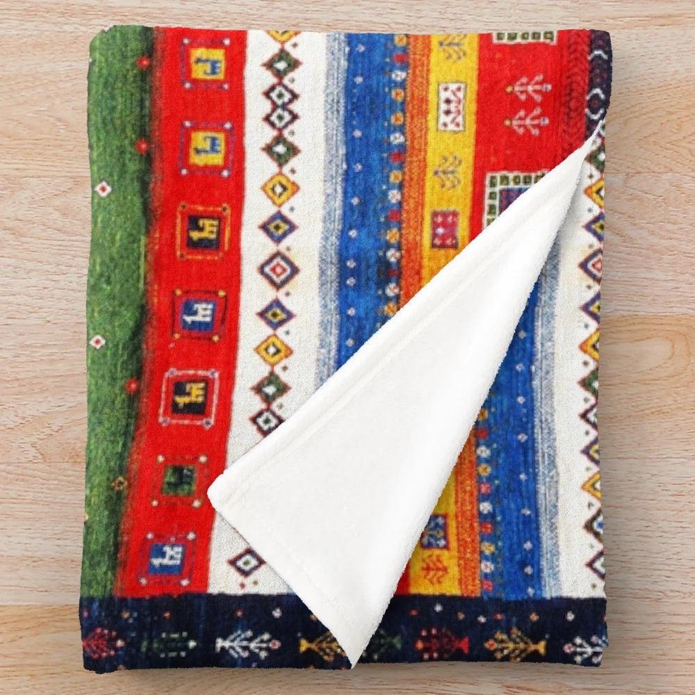 Vintage plush blanket with bohemian Moroccan inspired artwork