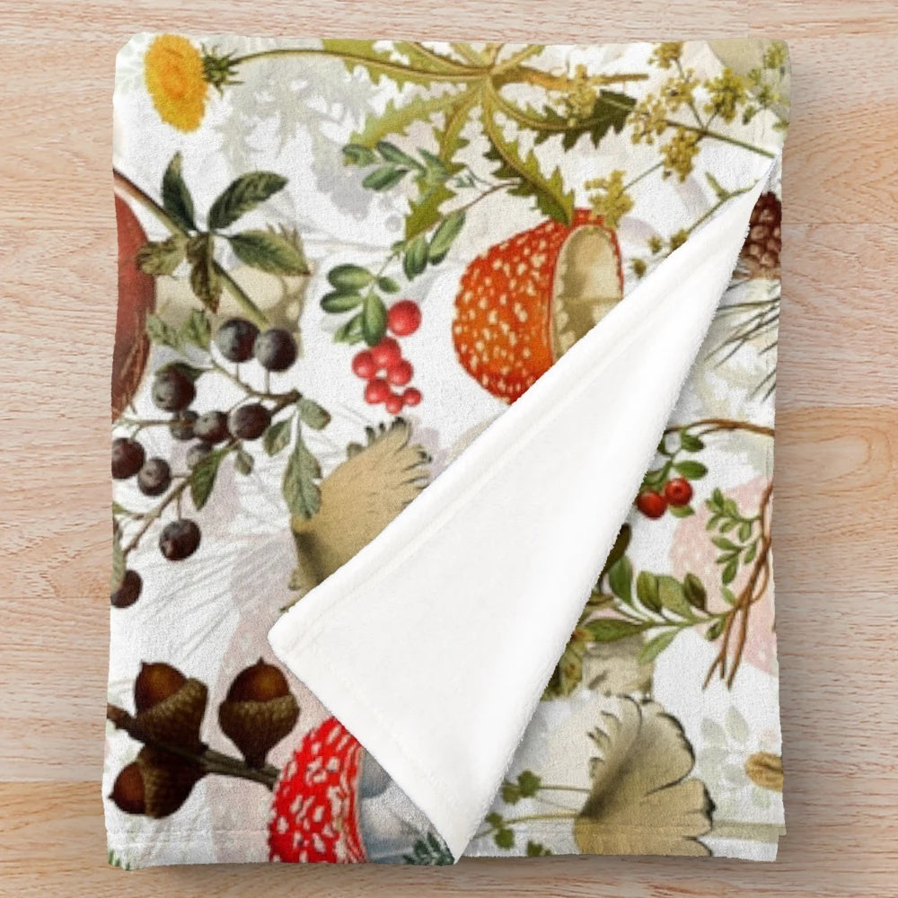 Vintage plush blanket with botanical garden mushroom pattern