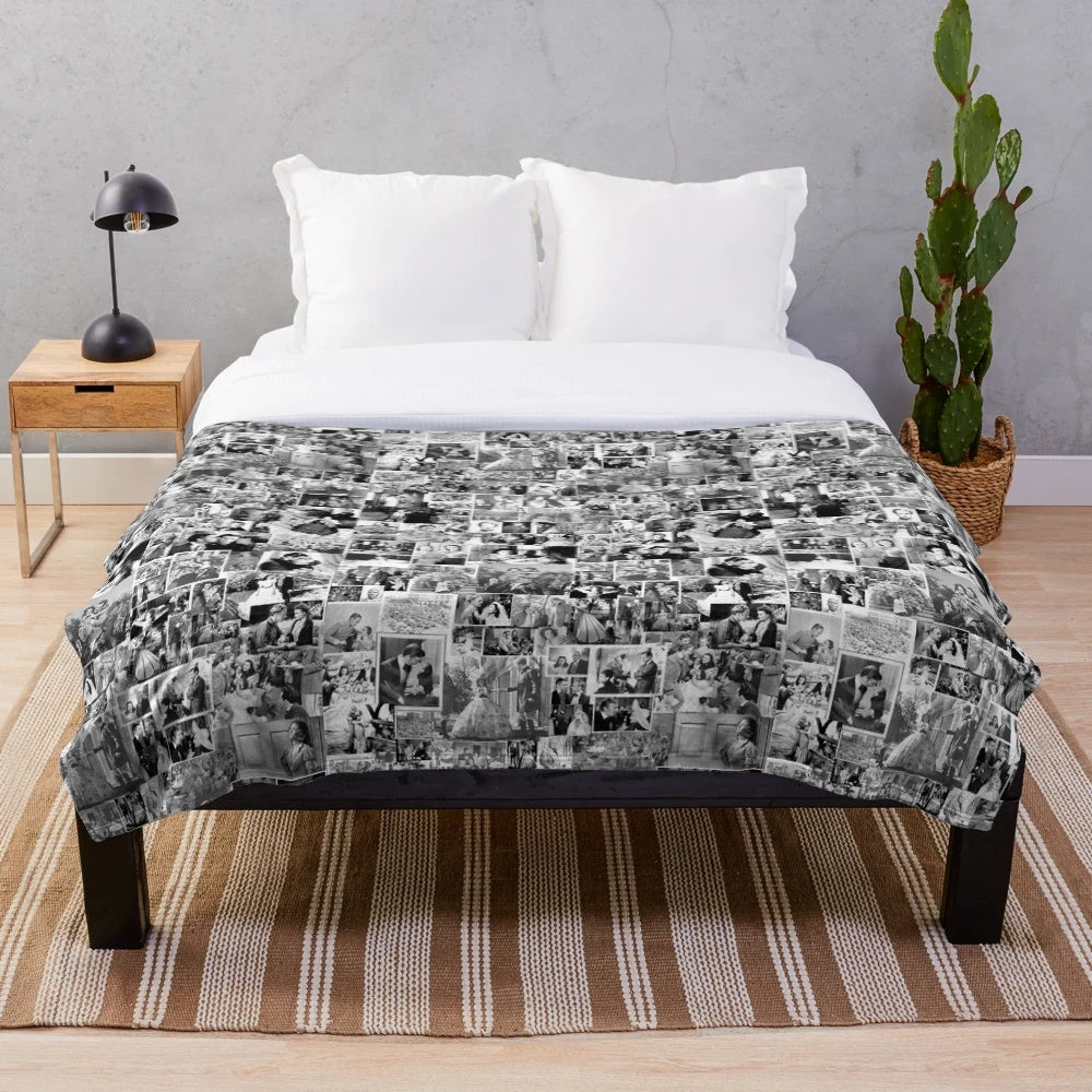 Vintage plush blanket featuring classic movie photographs from Gone with the Wind