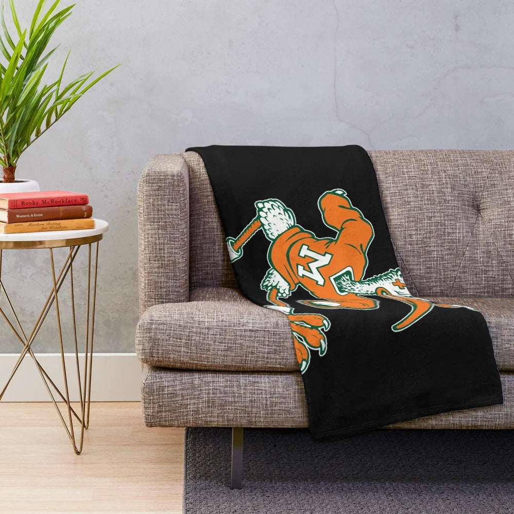 Vintage-style plush blanket featuring the Miami Hurricanes mascot 'Sebastian