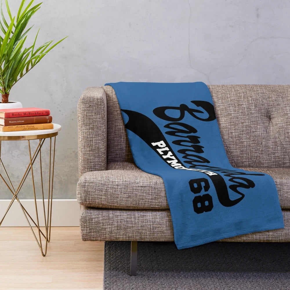 Soft and cozy plush blanket featuring a detailed illustration of a classic Plymouth Barracuda muscle car
