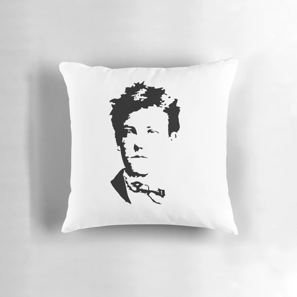 Vintage stencil pillow featuring the iconic French poet Arthur Rimbaud.