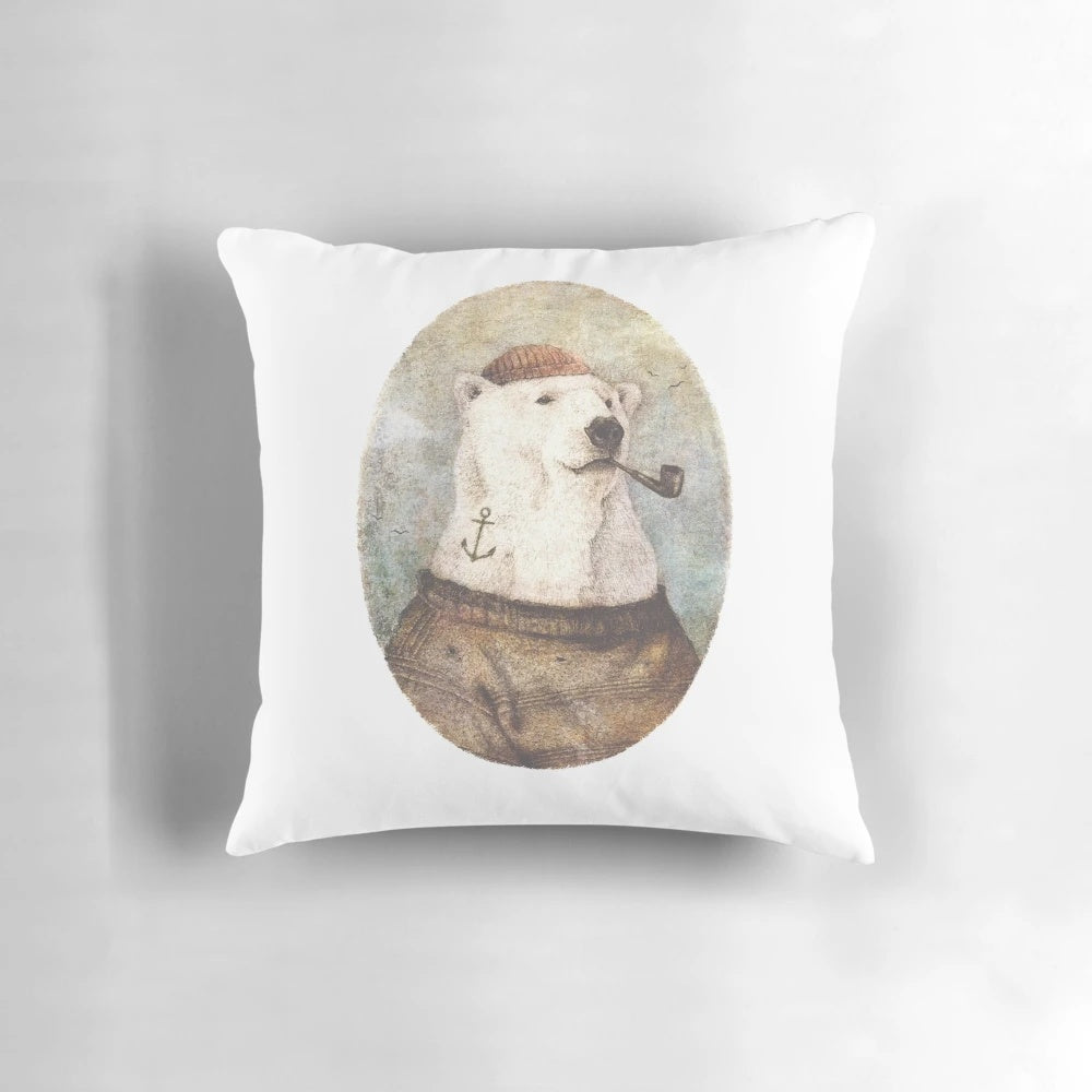 A vintage-inspired throw pillow featuring a whimsical portrait of a happy polar bear against an Antarctica backdrop.